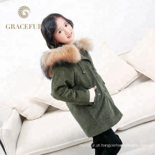 Rápido fornecedor real capuz de pele de guaxinim parka crianças jaqueta com forro de pele grossa casaco de inverno